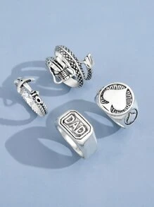 4pcs Men Letter & Anchor Decor Ring - Antique Silver - View 2
