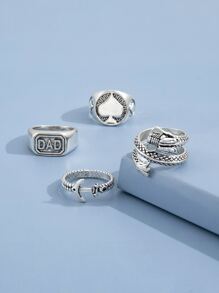4pcs Men Letter & Anchor Decor Ring - Antique Silver - View 3