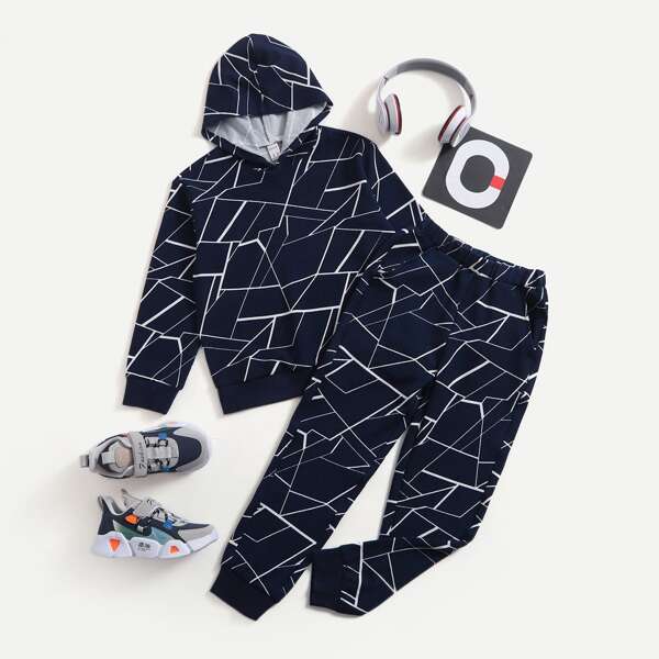 

Boys Geo Print Hoodie & Sweatpants, Navy blue