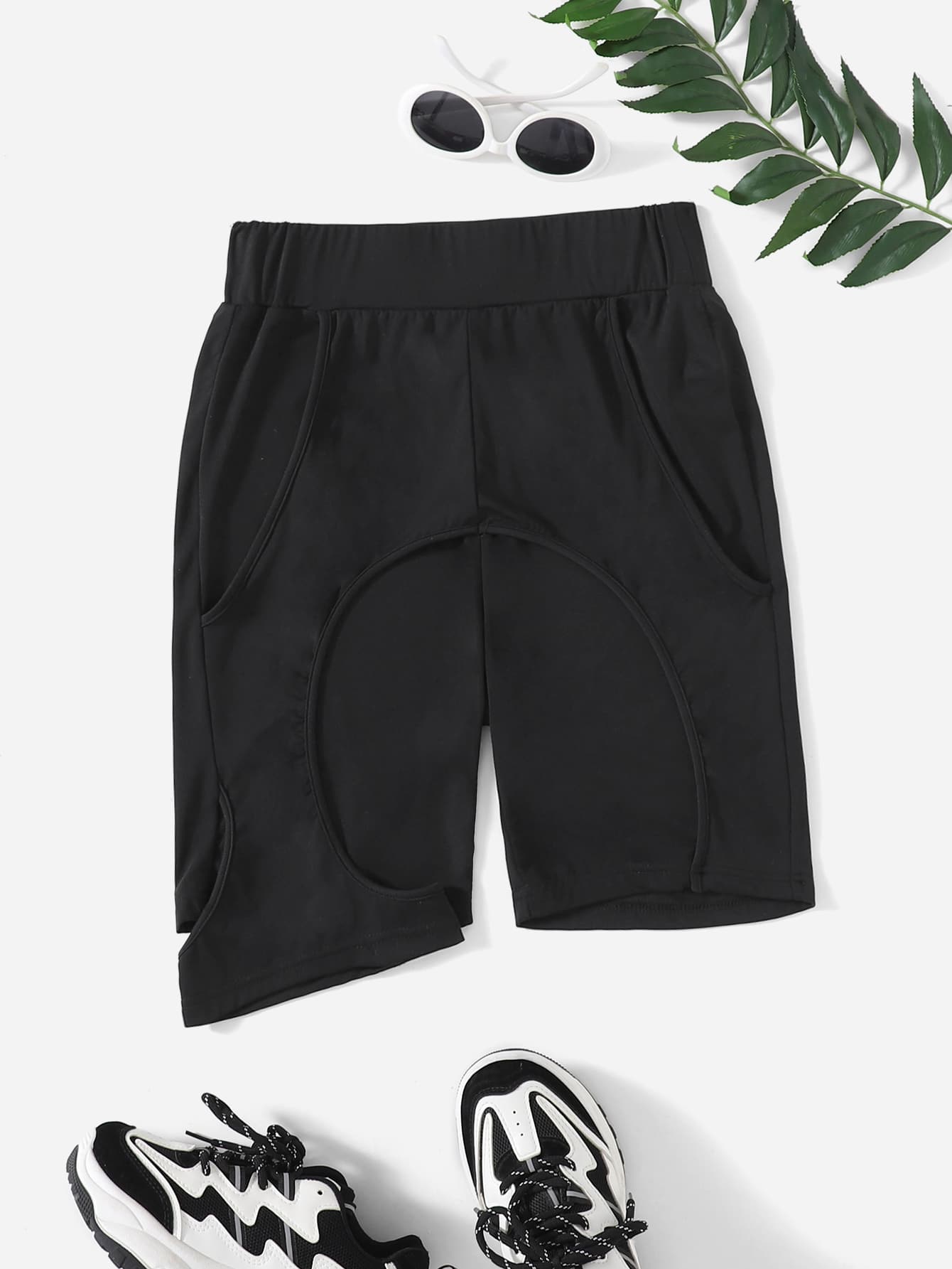 SHEIN EZwear Quần tất nữ Cắt ra màu trơn Giải trí - màu đen - Xem 1