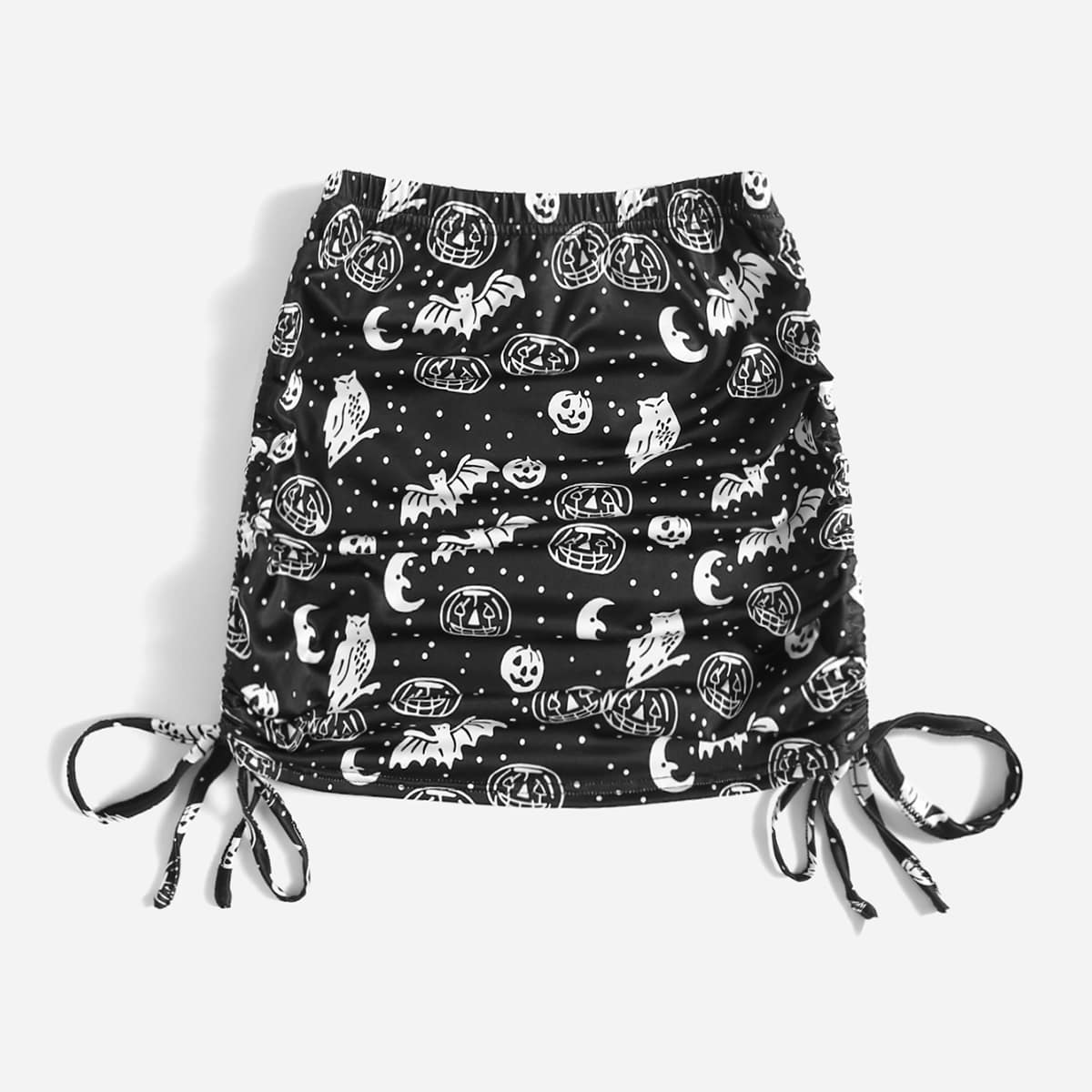 

Halloween Graphic Drawstring Ruched Skirt, Black and white
