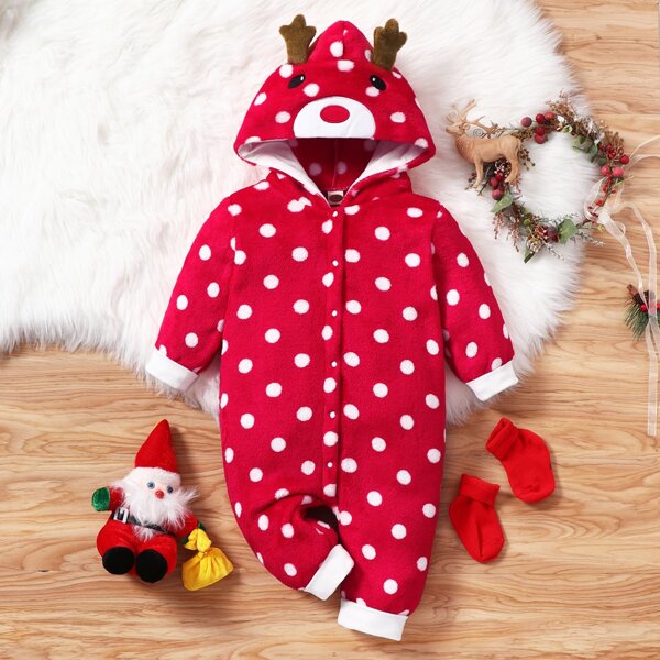 

Baby Christmas Polka Dot Teddy 3D Design Jumpsuit, Red