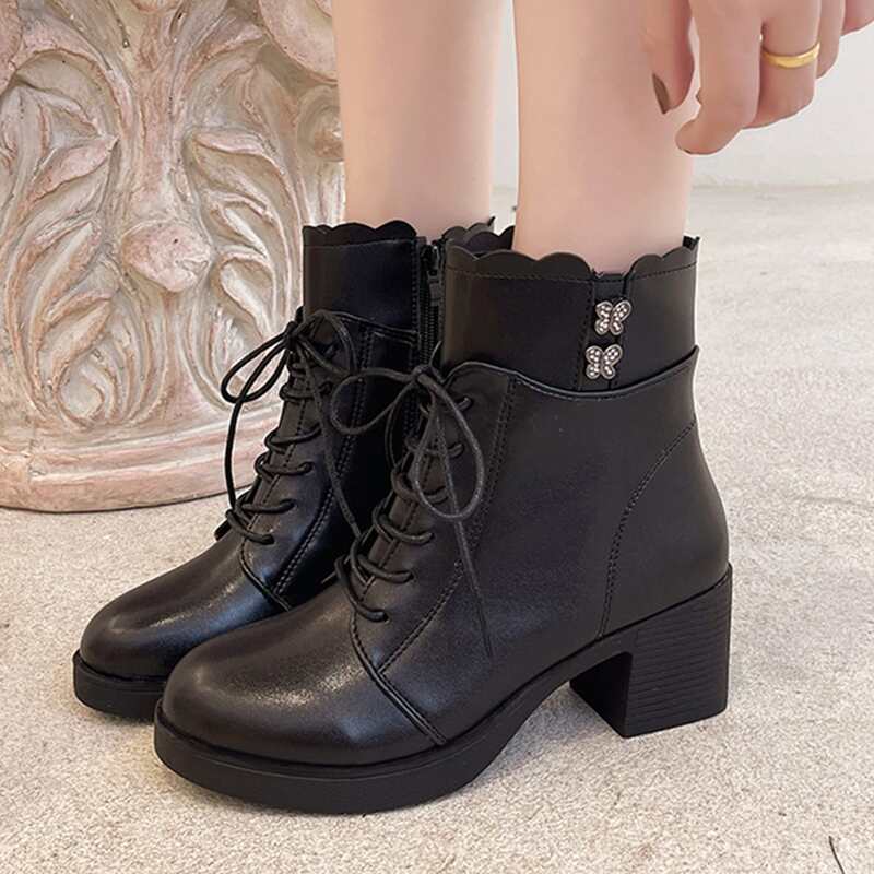 Lace Up Front Chunky Heeled Boots, Black