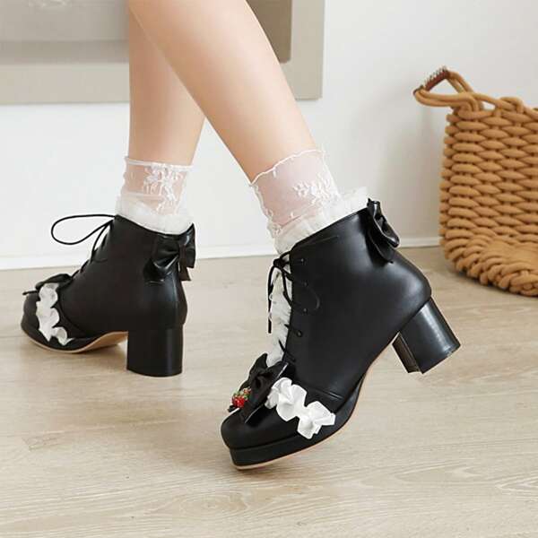 

Bow & Lace Decor Lace-up Front Chunky Heeled Boots, Black
