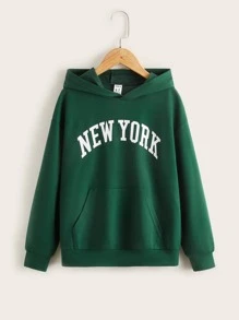 SHEIN Tween Boy Letter Graphic Drop Shoulder Kangaroo Pocket Sweatshirt - Green - View 1