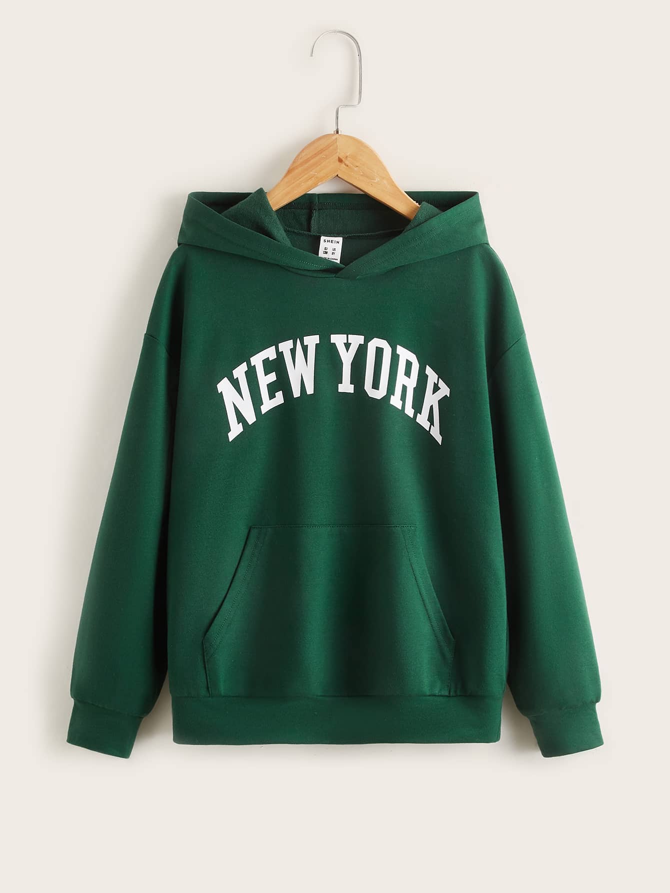 SHEIN Tween Boy Letter Graphic Drop Shoulder Kangaroo Pocket Sweatshirt - Green - View 1