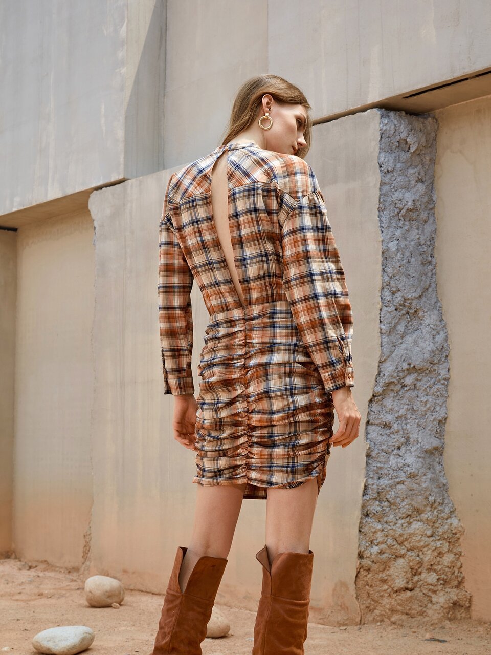 Tartan Ruched Cut Out Back Drop Shoulder Dress
