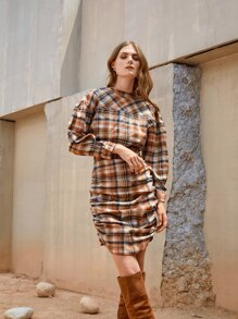 SHEIN VCAY Tartan Ruched Cut Out Back Drop Shoulder Dress - Multicolor - View 4