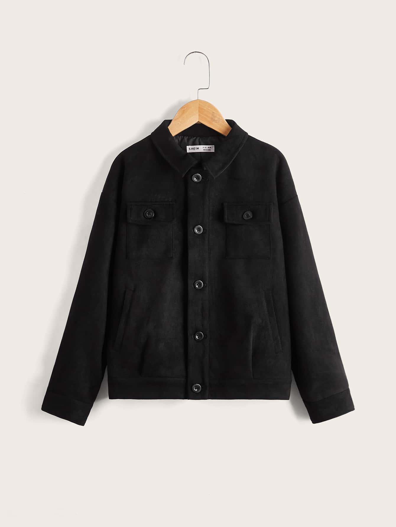 SHEIN Boys Flap Pocket Drop Shoulder Jacket - Black - View 1