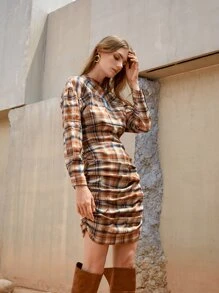 SHEIN VCAY Tartan Ruched Cut Out Back Drop Shoulder Dress - Multicolor - View 5