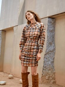 SHEIN VCAY Tartan Ruched Cut Out Back Drop Shoulder Dress - Multicolor - View 1