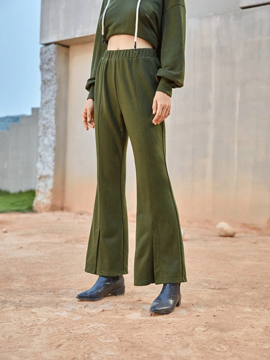 SHEIN Split Hem Flare Leg Trousers - Army Green - View 1