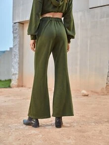 SHEIN Split Hem Flare Leg Trousers - Army Green - View 2