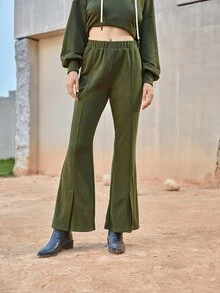 SHEIN Split Hem Flare Leg Trousers - Army Green - View 3
