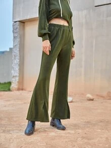 SHEIN Split Hem Flare Leg Trousers - Army Green - View 4