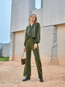 SHEIN Split Hem Flare Leg Trousers - Army Green - View 5