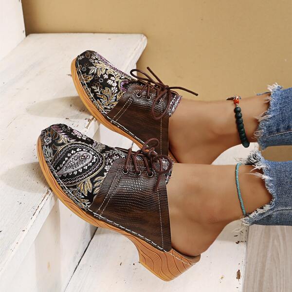 

Embroidery Lace-up Front Flatform Mules, Brown