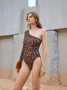 SHEIN VCAY Floral Print One Shoulder Fuzzy Cuff Bodysuit - Multicolor - View 3