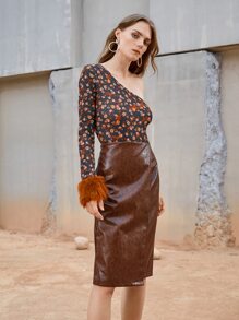 SHEIN VCAY Floral Print One Shoulder Fuzzy Cuff Bodysuit - Multicolor - View 4