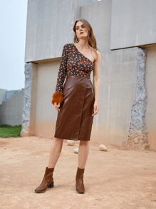 SHEIN VCAY Floral Print One Shoulder Fuzzy Cuff Bodysuit - Multicolor - View 5