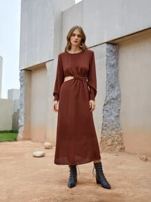 SHEIN Đầm Cắt ra màu trơn Thanh lịch - Rỉ Nâu - Xem 4