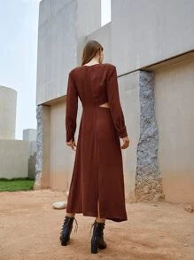 SHEIN Đầm Cắt ra màu trơn Thanh lịch - Rỉ Nâu - Xem 2