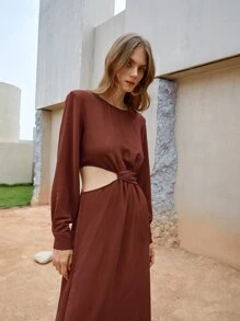 SHEIN Đầm Cắt ra màu trơn Thanh lịch - Rỉ Nâu - Xem 3