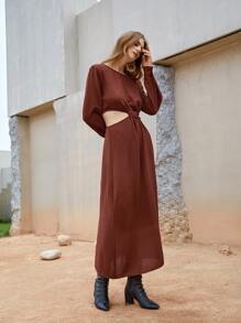 SHEIN Đầm Cắt ra màu trơn Thanh lịch - Rỉ Nâu - Xem 5