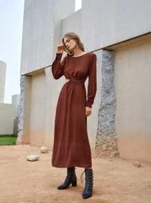 SHEIN Đầm Cắt ra màu trơn Thanh lịch - Rỉ Nâu - Xem 1