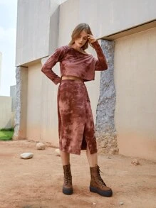 SHEIN VCAY Slits Binda Färgämne Elegant Tvådelad Outfit - Redwood - Visa 4