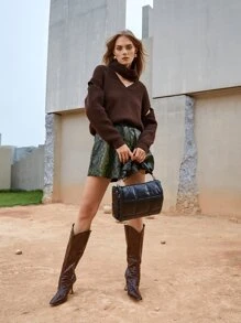 SHEIN Unity 鏤空細節素色套頭毛衣帶圍巾 - 巧克力棕 - 查看 1