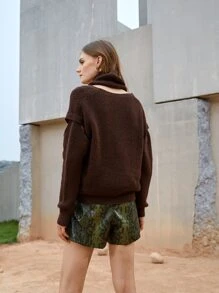 SHEIN Unity 鏤空細節素色套頭毛衣帶圍巾 - 巧克力棕 - 查看 2