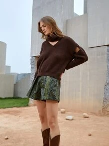 SHEIN Unity 鏤空細節素色套頭毛衣帶圍巾 - 巧克力棕 - 查看 3