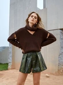 SHEIN Unity 鏤空細節素色套頭毛衣帶圍巾 - 巧克力棕 - 查看 4