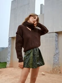 SHEIN Unity 鏤空細節素色套頭毛衣帶圍巾 - 巧克力棕 - 查看 5