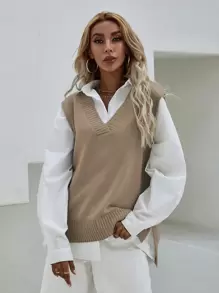 EMERY ROSE V Neck Split Hem Sweater Vest Without Blouse - Khaki - View 1