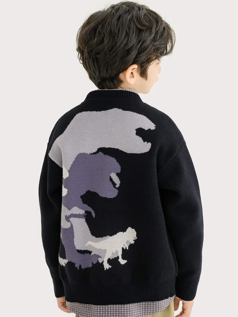 Niños Cárdigan con patrón de dinosaurio de hombros caídos - Negro - Ver 1