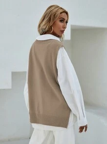 EMERY ROSE V Neck Split Hem Sweater Vest Without Blouse - Khaki - View 2