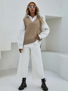 EMERY ROSE V Neck Split Hem Sweater Vest Without Blouse - Khaki - View 3