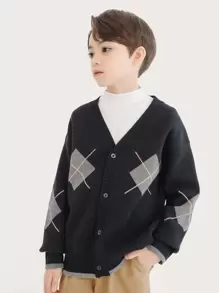 Niños Cárdigan con patrón de rombo de hombros caídos - Negro - Ver 1