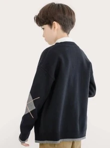 Niños Cárdigan con patrón de rombo de hombros caídos - Negro - Ver 2