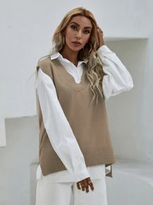 EMERY ROSE V Neck Split Hem Sweater Vest Without Blouse - Khaki - View 5