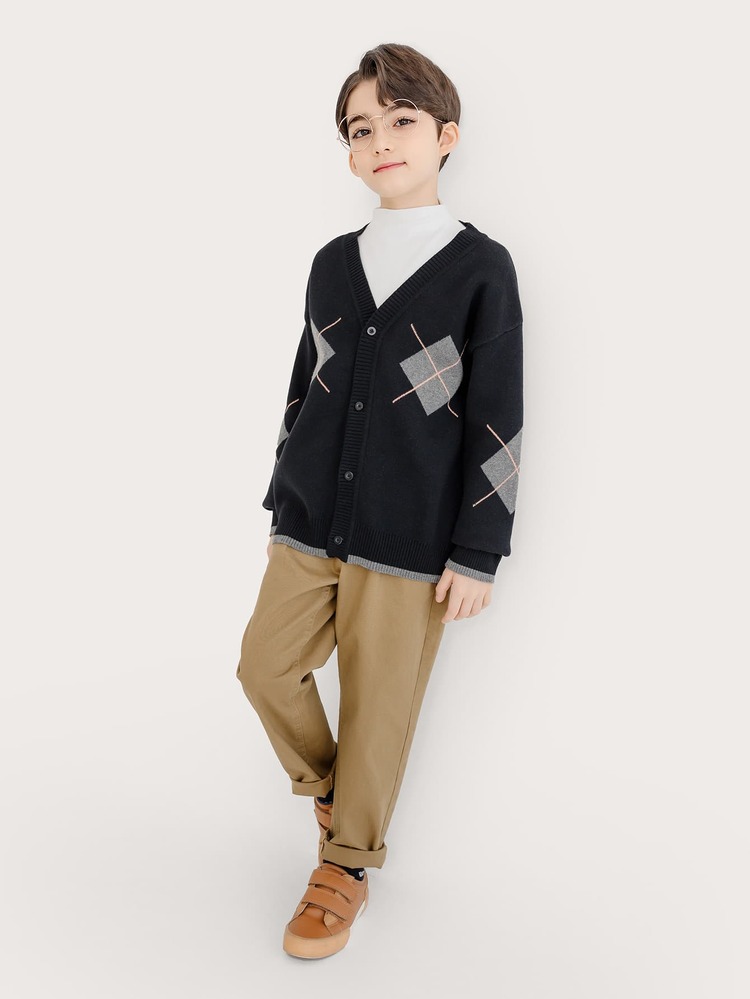 Niños Cárdigan con patrón de rombo de hombros caídos - Negro - Añade 3