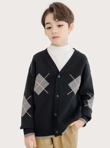 Niños Cárdigan con patrón de rombo de hombros caídos - Negro - Ver 4