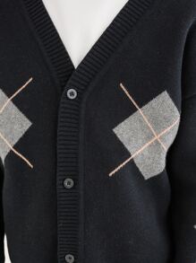 Niños Cárdigan con patrón de rombo de hombros caídos - Negro - Ver 5
