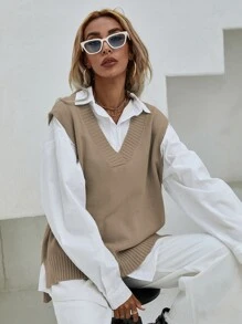 EMERY ROSE V Neck Split Hem Sweater Vest Without Blouse - Khaki - View 6
