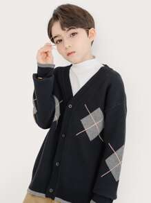 Niños Cárdigan con patrón de rombo de hombros caídos - Negro - Ver 6