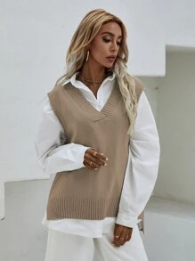 EMERY ROSE V Neck Split Hem Sweater Vest Without Blouse - Khaki - View 7