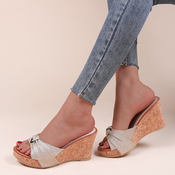 

Glitter Knot Decor Wedge Sandals, Gold