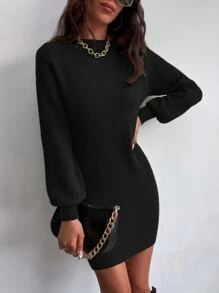 SHEIN Unity Solid Crew Neck Jumper Dress - Black - View 1